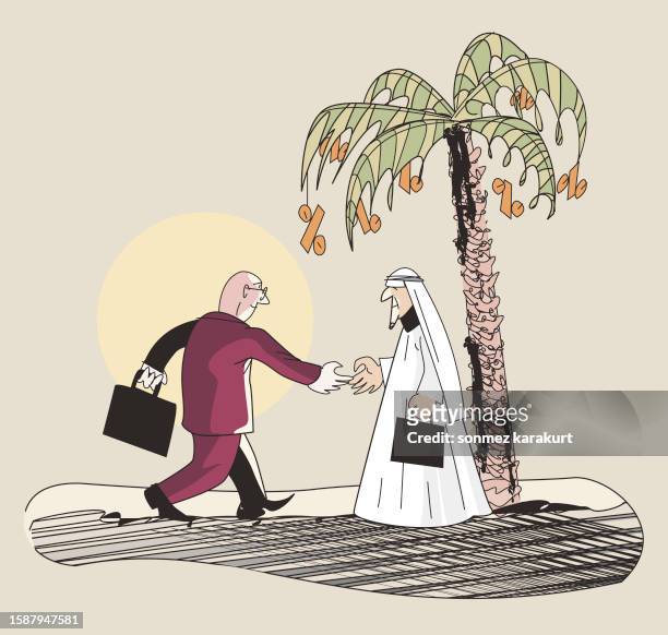 stockillustraties, clipart, cartoons en iconen met european businessman shakes hands with arab businessman - arabian peninsula