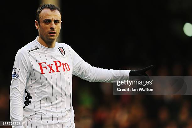 Dimitar Berbatov of Fulham reacts during the Barclays Premier League match between Fulham and Swansea City at Craven Cottage on December 29, 2012 in...