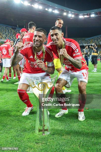 Nicolas Otamendi of SL Benfica and Angel Di Maria of SL Benfica with the Portuguese Supertaca after the match between SL Benfica and FC Porto for the...