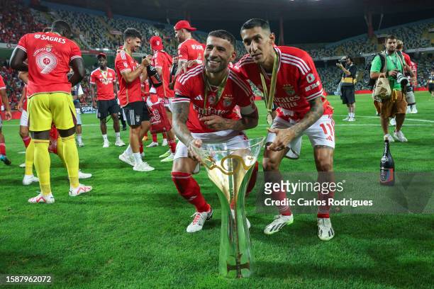 Nicolas Otamendi of SL Benfica and Angel Di Maria of SL Benfica with the Portuguese Supertaca after the match between SL Benfica and FC Porto for the...