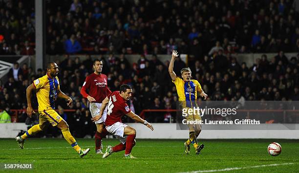 Billy Sharp of Nottingham Forest scores the equalising goal during the npower Championship match between Nottingham Forest and Crystal Palace at City...