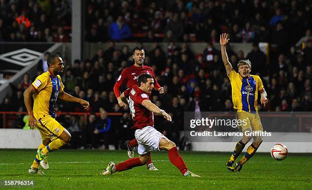 Billy Sharp of Nottingham Forest scores the equalising goal during the npower Championship match between Nottingham Forest and Crystal Palace at City...