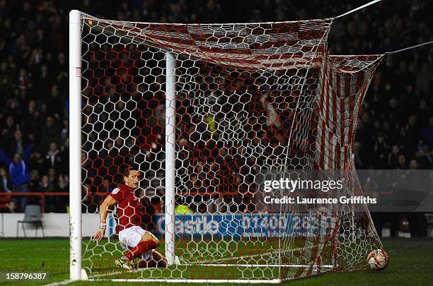 Billy Sharp of Nottingham Forest scores the equalising goal during the npower Championship match between Nottingham Forest and Crystal Palace at City...