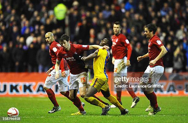 Greg Halford of Nottingham Forest battles with Yannick Bolasie of Crystal Palace during the npower Championship match between Nottingham Forest and...