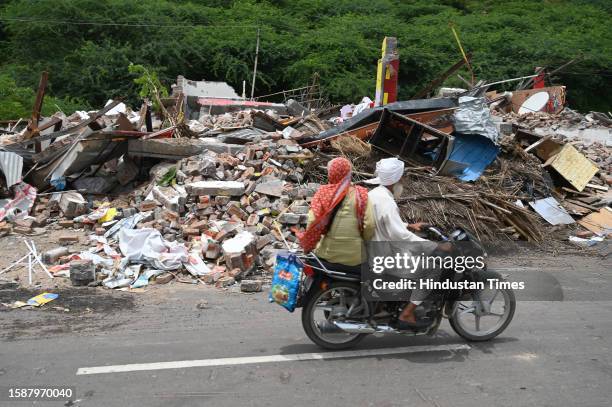 Demolished construction in Nalhar village near Shaheed Hasan Khan Mewati Medical College in a demolition drive by District administration against the...