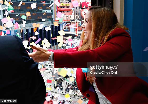 Personality Allison Hagendorf participates in the New Year's Eve 2013 Confetti Airworthiness Test at Times Square Alliance Building on December 29,...