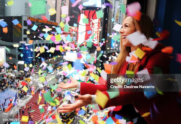 Personality Allison Hagendorf particpates in the New Year's Eve 2013 Confetti Airworthiness Test at Times Square Alliance Building on December 29,...