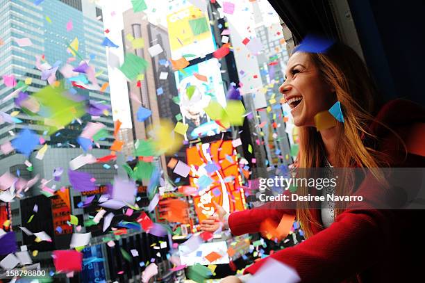 Personality Allison Hagendorf particpates in the New Year's Eve 2013 Confetti Airworthiness Test at Times Square Alliance Building on December 29,...