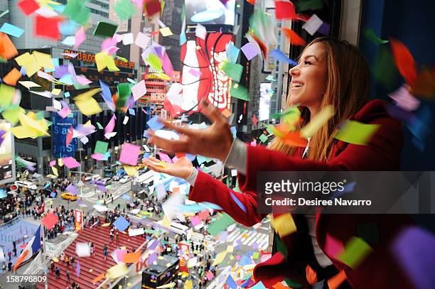 Personality Allison Hagendorf participates in the New Year's Eve 2013 Confetti Airworthiness Test at Times Square Alliance Building on December 29,...