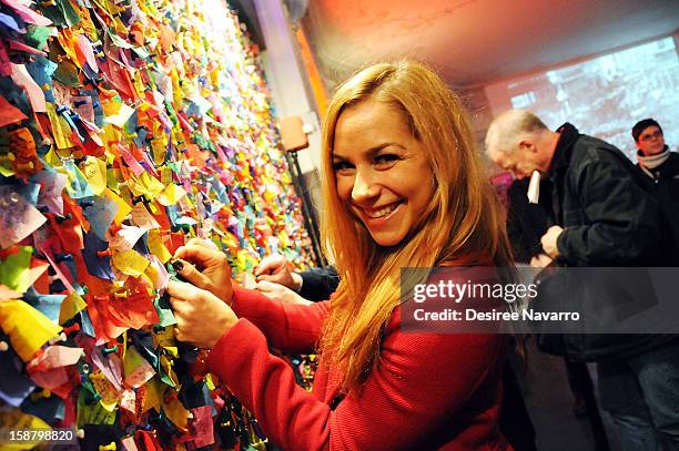 Personality Allison Hagendorf reads wishes on the Wishing Wall at the New Year's Eve 2013 Confetti Airworthiness Test at Times Square Alliance...