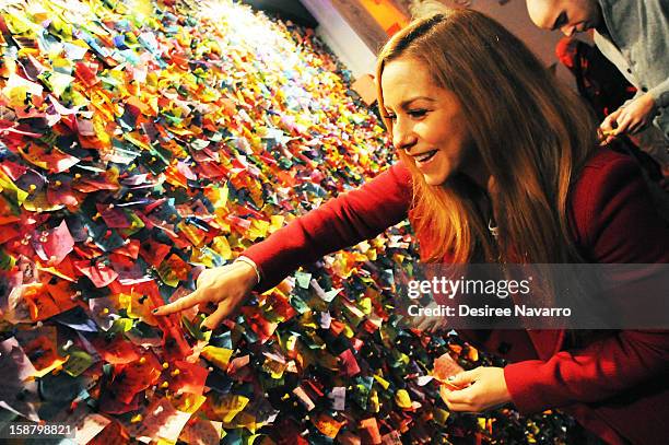 Personality Allison Hagendorf reads wishes on the Wishing Wall at the New Year's Eve 2013 Confetti Airworthiness Test at Times Square Alliance...