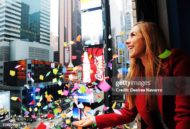 Personality Allison Hagendorf particpates in the New Year's Eve 2013 Confetti Airworthiness Test at Times Square Alliance Building on December 29,...