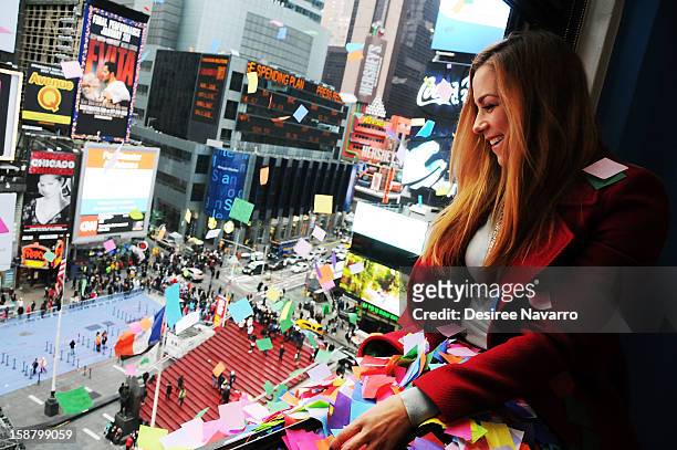 Personality Allison Hagendorf particpates in the New Year's Eve 2013 Confetti Airworthiness Test at Times Square Alliance Building on December 29,...