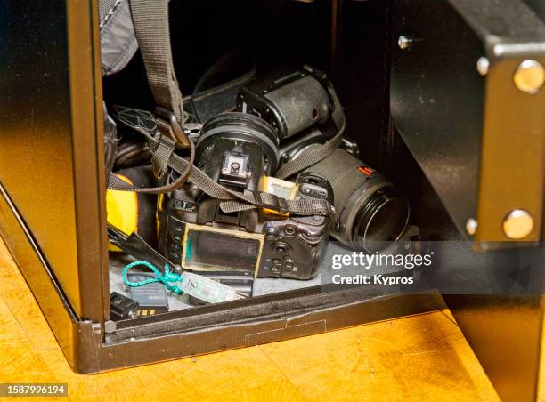 metal safe with photography equipment - digital camera lens stock pictures, royalty-free photos & images