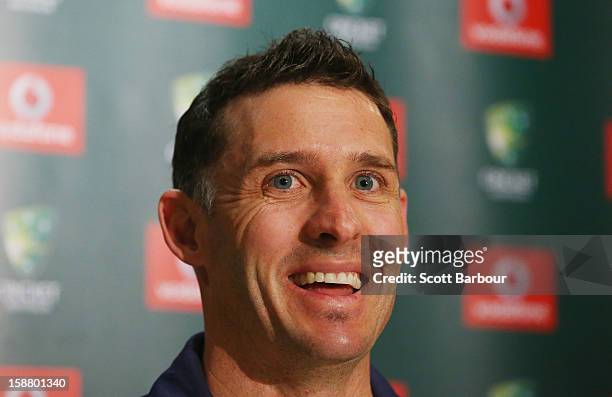 Michael Hussey of Australia speaks during a press conference on December 30, 2012 in Melbourne, Australia. Mike Hussey has announced that the third...