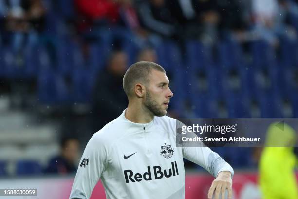 Strahinja Pavlovic of Salzburg looks on during the pre-season friendly match between FC Red Bull Salzburg and FC Internazionale at Red Bull Arena on...