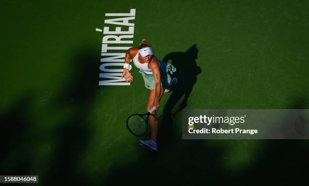 Marketa Vondrousova of the Czech Republic hits a right backhand against Caroline Wozniacki of Denmark in the second round on Day 3 of the National...