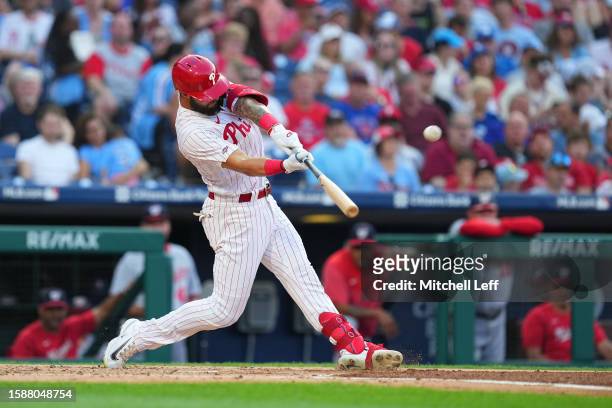 Weston Wilson of the Philadelphia Phillies hits a solo home run in his first major league at-bat in the bottom of the second inning against the...