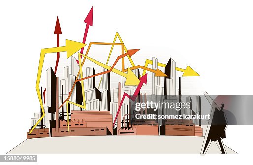 Arrow Graphs Rise And Fall Above The Factories Of Buildings High-Res ...