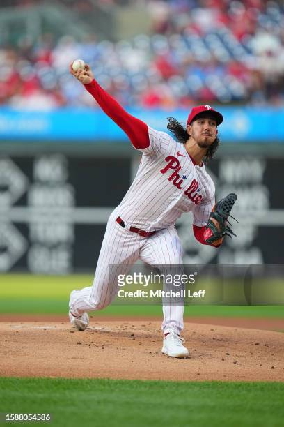 Michael Lorenzen of the Philadelphia Phillies pitches in the top of the first inning against the Washington Nationals at Citizens Bank Park on August...