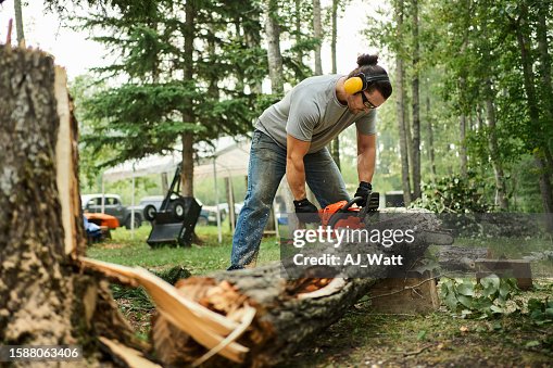 Man cutting down a tree outdoors using a chainsaw Man cutting down a tree outdoors using a chainsaw