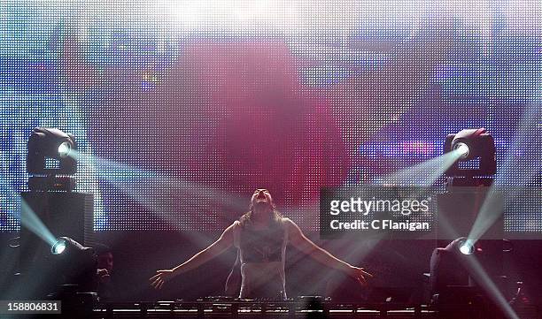 Producer Steve Aoki performs at The Warfield Theater on December 29, 2012 in San Francisco, California.