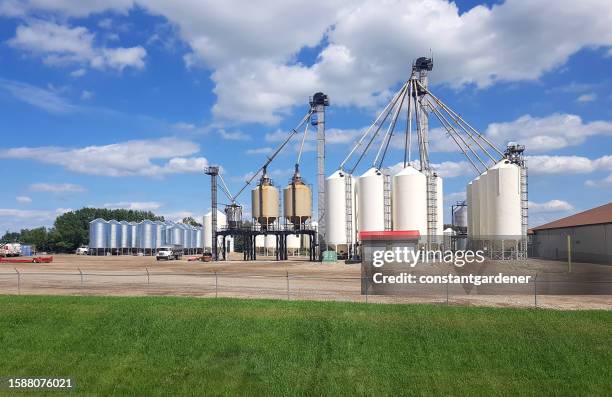 silos de armazenamento agrícola cheios de grãos prontos para transporte - industrial storage bins - fotografias e filmes do acervo