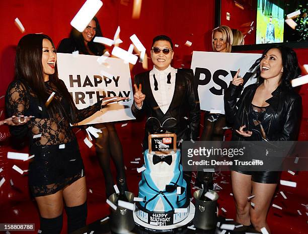 Psy celebrates his birthday and kicks off New Year's Eve "Gangnam Style" with a performance at PURE Nightclub on December 29, 2012 in Las Vegas,...
