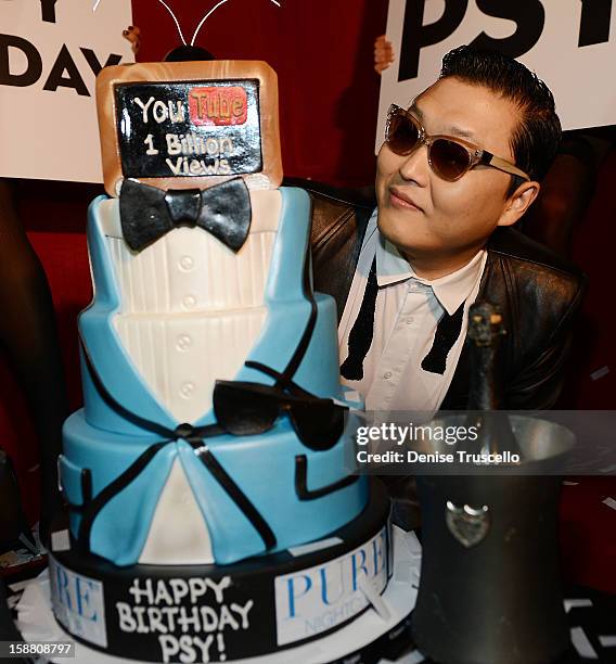 Psy celebrates his birthday and kicks off New Year's Eve "Gangnam Style" with a performance at PURE Nightclub on December 29, 2012 in Las Vegas,...