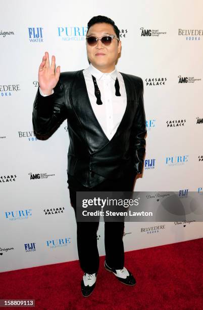 Singer/songwriter Psy arrives for New Year's eve kick off at the Pure Nightclub at Caesars Palace on December 29, 2012 in Las Vegas, Nevada.