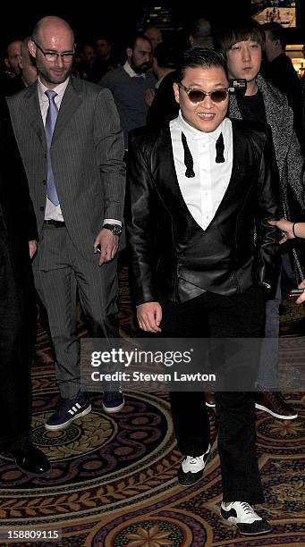 Singer/songwriter Psy arrives for New Year's eve kick off at the Pure Nightclub at Caesars Palace on December 29, 2012 in Las Vegas, Nevada.