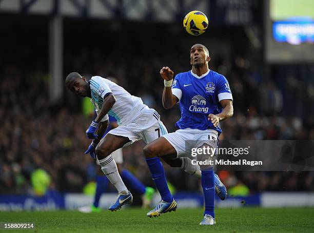 Sylvain Distin of Everton competes with Ramires of Chelsea during the Barclays Premier League match between Everton and Chelsea at Goodison Park on...