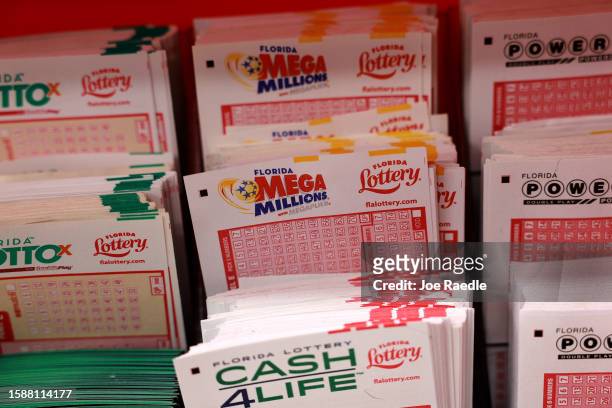 Mega Millions forms are ready for customers as the jackpot reached 1.25 billion dollars on August 02, 2023 in Miami, Florida. The estimated jackpot...