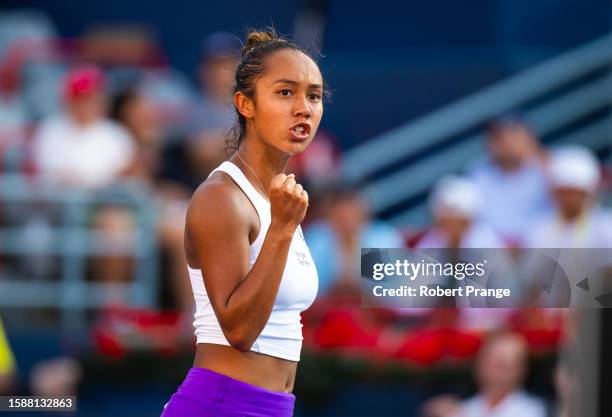 Leylah Fernandez of Canada in action against Beatriz Haddad Maia of Brazil in the second round on Day 3 of the National Bank Open Montréal at Stade...