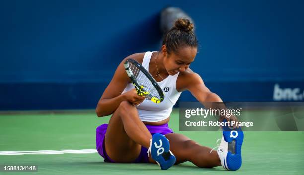 Leylah Fernandez of Canada in action against Beatriz Haddad Maia of Brazil in the second round on Day 3 of the National Bank Open Montréal at Stade...