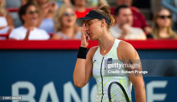 Beatriz Haddad Maia of Brazil in action against Leylah Fernandez of Canada in the second round on Day 3 of the National Bank Open Montréal at Stade...