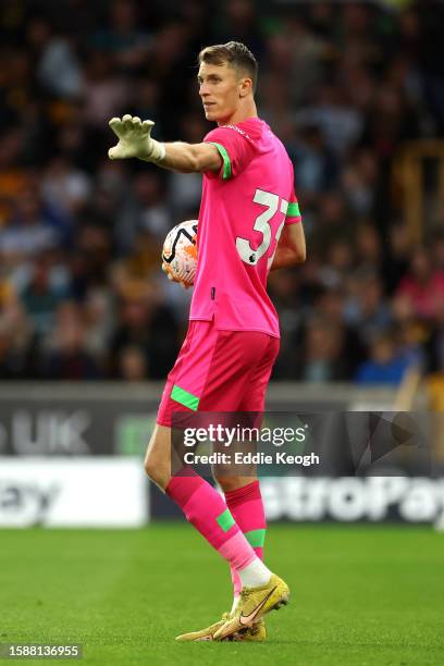 Matt Macey of Luton Town gestures during the pre-season friendly match between Wolverhampton Wanderers and Luton Town at Molineux on August 02, 2023...