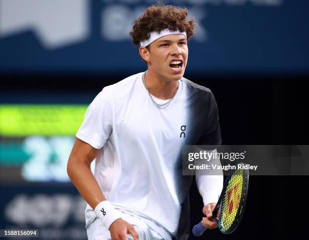 Ben Shelton of the United States reacts after winning a point against Carlos Alcaraz of Spain during Day Three of the National Bank Open, part of the...