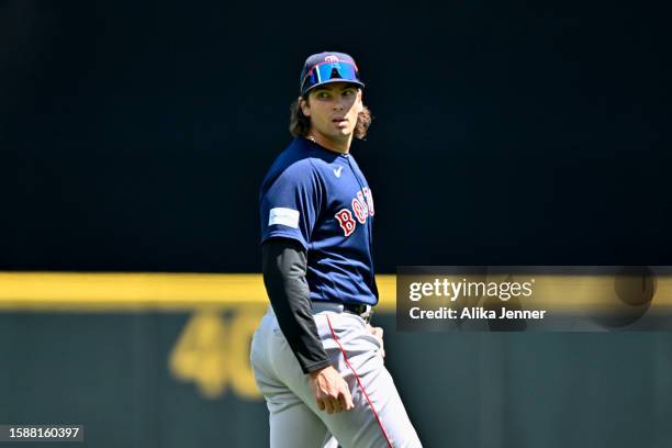 Triston Casas of the Boston Red Sox looks on before the game against the Seattle Mariners at T-Mobile Park on August 02, 2023 in Seattle, Washington.