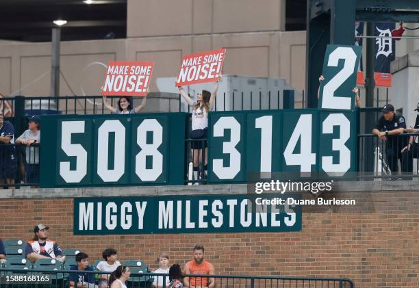 Fans update the "Miggy Milestones" after Miguel Cabrera of the Detroit Tigers gets his 3,143 hit, surpassing Robin Yount, in the third inning of a...