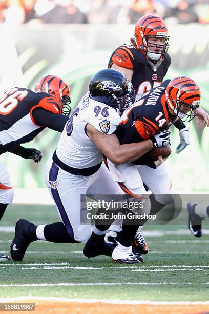 Ma'ake Kemoeatu of the Baltimore Ravens sacks Andy Dalton of the Cincinnati Bengals during their game at Paul Brown Stadium on December 30, 2012 in...