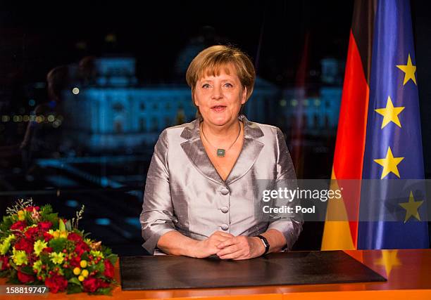 German Chancellor Angela Merkel delivers her New Year's speech on December 30, 2012 in Berlin, Germany.