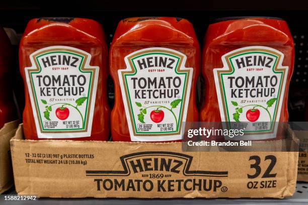 Heinz ketchup is displayed on shelves at a Walmart Supercenter on August 02, 2023 in Austin, Texas. Kraft Heinz revenue beat second-quarter earnings,...