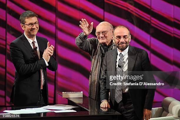 Fabio Fazio, Francesco Rosi and Giuseppe Tornatore attend 'Che Tempo Che Fa' Italian TV Show on December 30, 2012 in Milan, Italy.