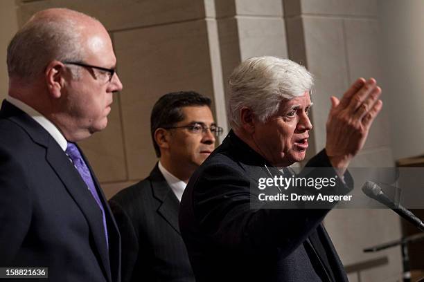 Represenatives Joseph Crowley , Xavier Becerra and John Larson hold a news conference about jobs and the 'fiscal cliff', on Capitol Hill December 30,...