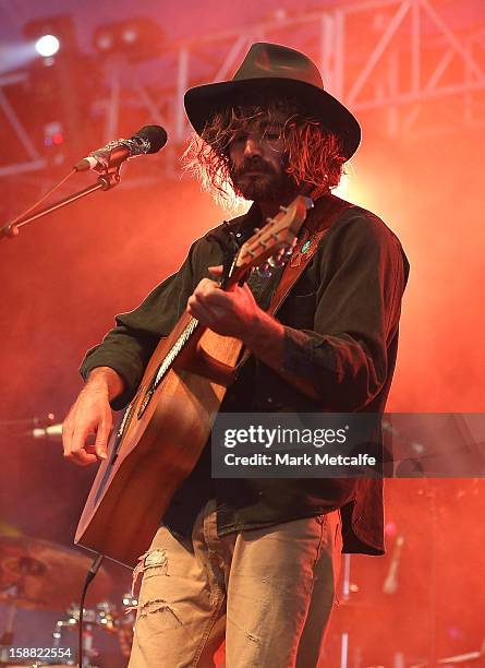 Angus Stone performs live on stage at The Falls Music and Arts Festival on December 31, 2012 in Lorne, Australia.
