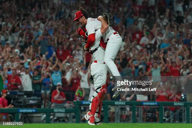 Michael Lorenzen of the Philadelphia Phillies celebrates with J.T. Realmuto after throwing no-hitter against the Washington Nationals at Citizens...