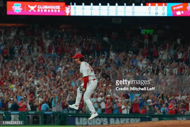 Michael Lorenzen of the Philadelphia Phillies reacts after throwing a no-hitter against the Washington Nationals at Citizens Bank Park on August 9,...