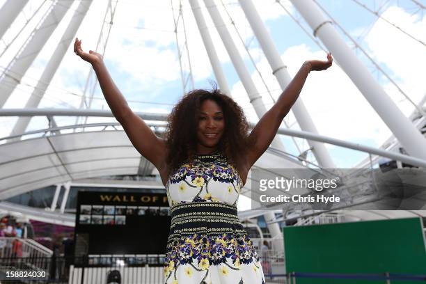Serena Williams of United States poses for a photograph during a visit to the Wheel of Brisbane in South Bank on day two of the Brisbane...