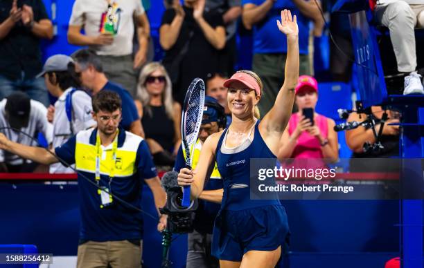 Danielle Collins of the United States celebrates defeating Maria Sakkari of Greece in the second round on Day 3 of the National Bank Open Montréal at...